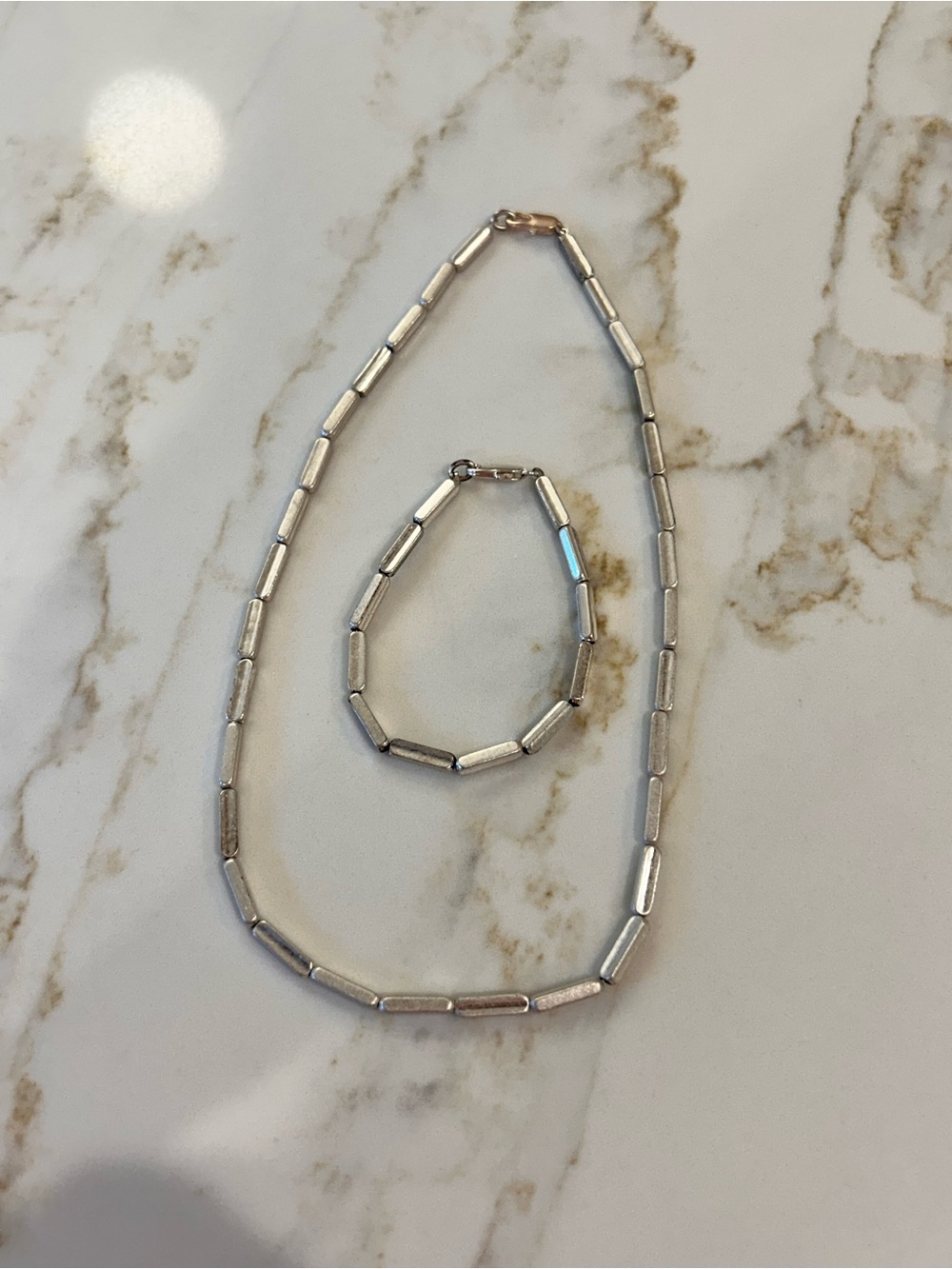 Silver Tube Link Necklace and Bracelet Set